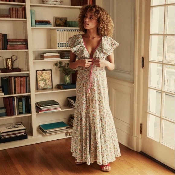 Doen Audette Cotton Ruffle Bow Ribbon Floral V Neck Maxi Dress Sunrise Blooms - Picture 6 of 16